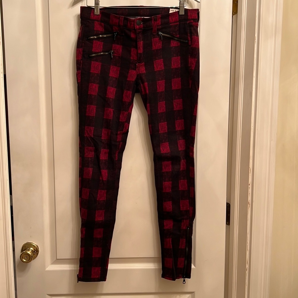 Rag & Bone skinny jeans in red buffalo print with ankle zippers